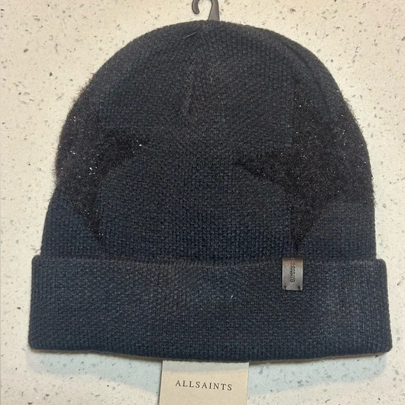 Dark Blue Knit Beanie by All Saints ALL SAINTS AllSaints merino wool fisherman beanie in black  main image 3
